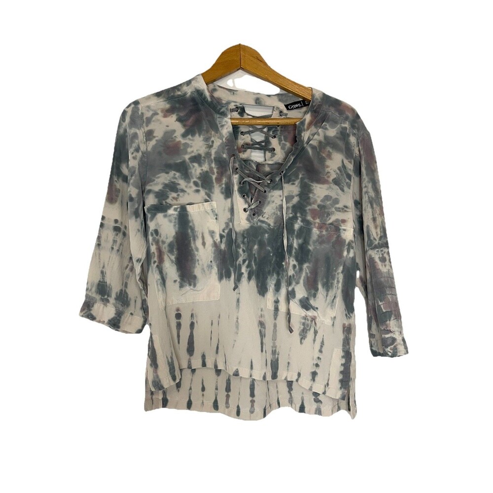 Gypsy Women's XS Silk Tie Dye 3/4 Sleeve Blouse Top Gray Navy Cream